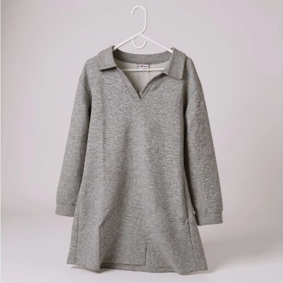 Wiholl Dresses & Skirts - Long Sleeve Lapel Collared V Neck Sweatshirt Midi Dress Women 2XL Grey Loose Fit
